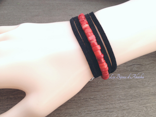 Bracelet à enrouler ou collier, corail rouge, suédine et plaqué argent fin 999