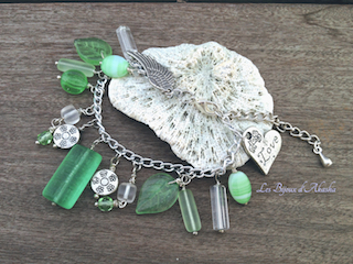 Bracelet à breloques cristal de bohème, vert pastel, chaine aluminium
