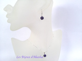 Parure 2 pièces shamballa argent 925 n°2, boucles pendant, violet améthyste