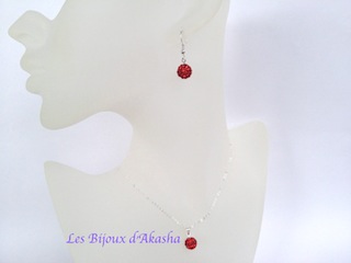 Parure 2 pièces shamballa argent 925 n°2, boucles pendant, rouge