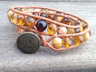 bracelet wrap large 2 tours "ambre et miel", cristal de bohème